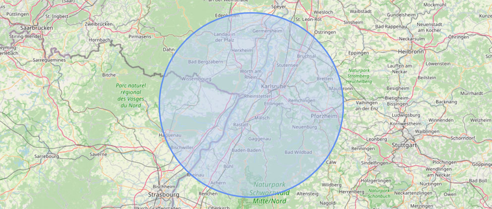 Unser Einzugsgebiet im Umkreis von 30-35km rund um Durmersheim